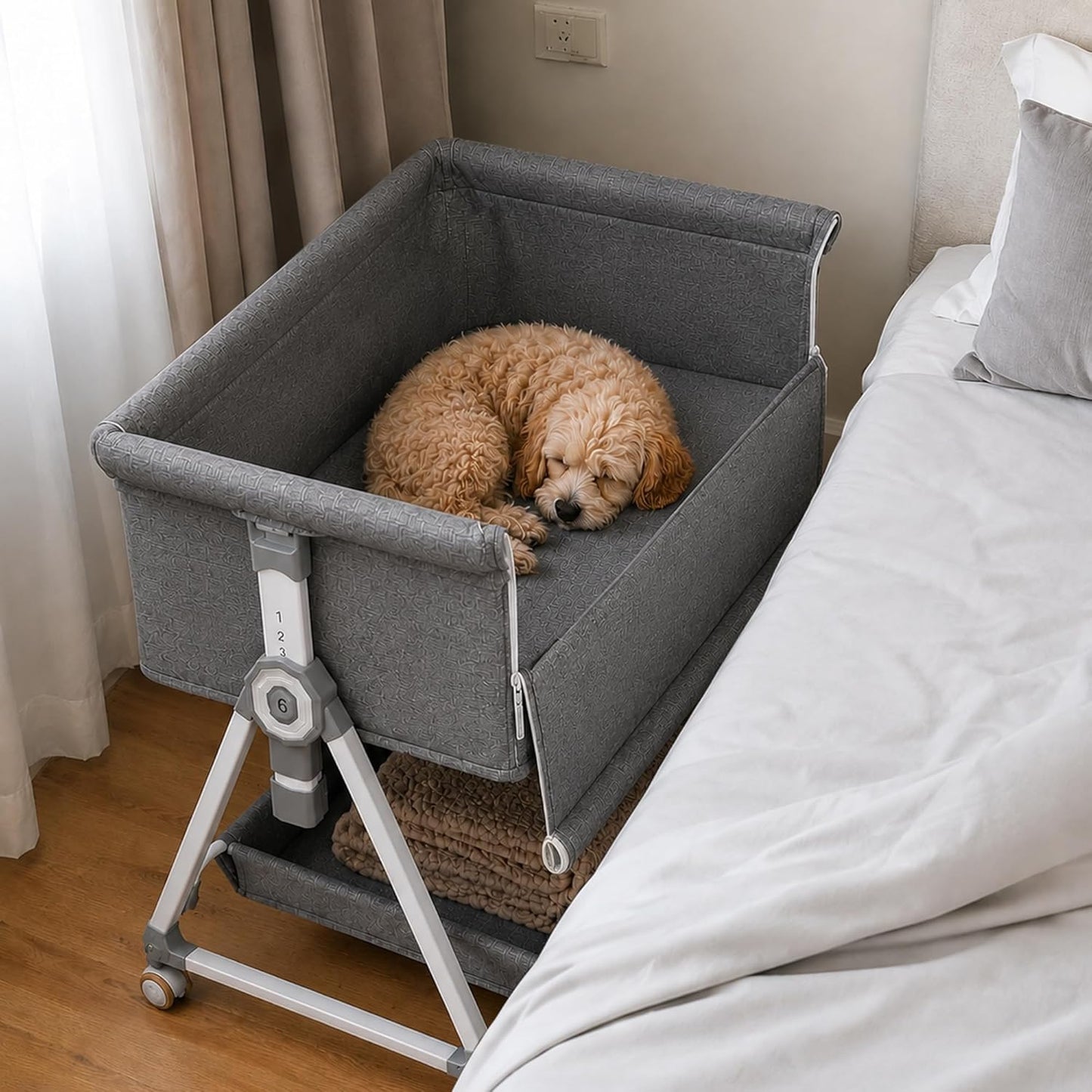 Premium Adjustable Bedside Dog Bed – Elevated Pet Co-Sleeper with Height-Adjustable Frame, Comfortable Bed Extension for Small & Medium Dogs, Fits Beside Human Bed, 34.5" x 20"