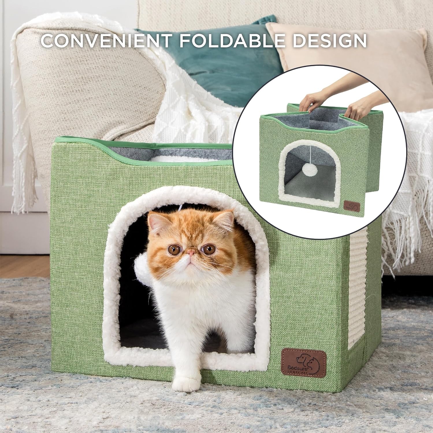 Premium Foldable Cat Cave Bed – Cozy Indoor Cat House with Built-In Scratch Pad & Interactive Plush Ball, Spacious Hideaway for Cats & Kittens, Large, Green