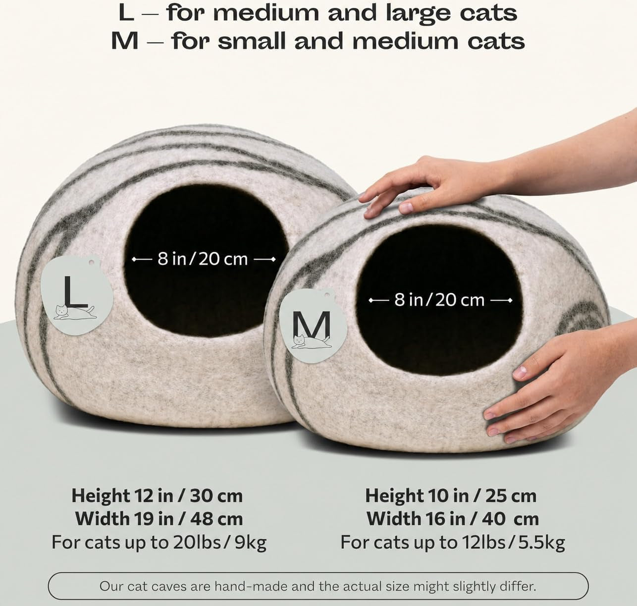 Premium Felt Cat Cave Bed for Indoor Cats – Handmade Merino Wool Cat House, Cozy Enclosed Sleeping Pod, Soft Breathable Pet Bed, Large, Light Gray