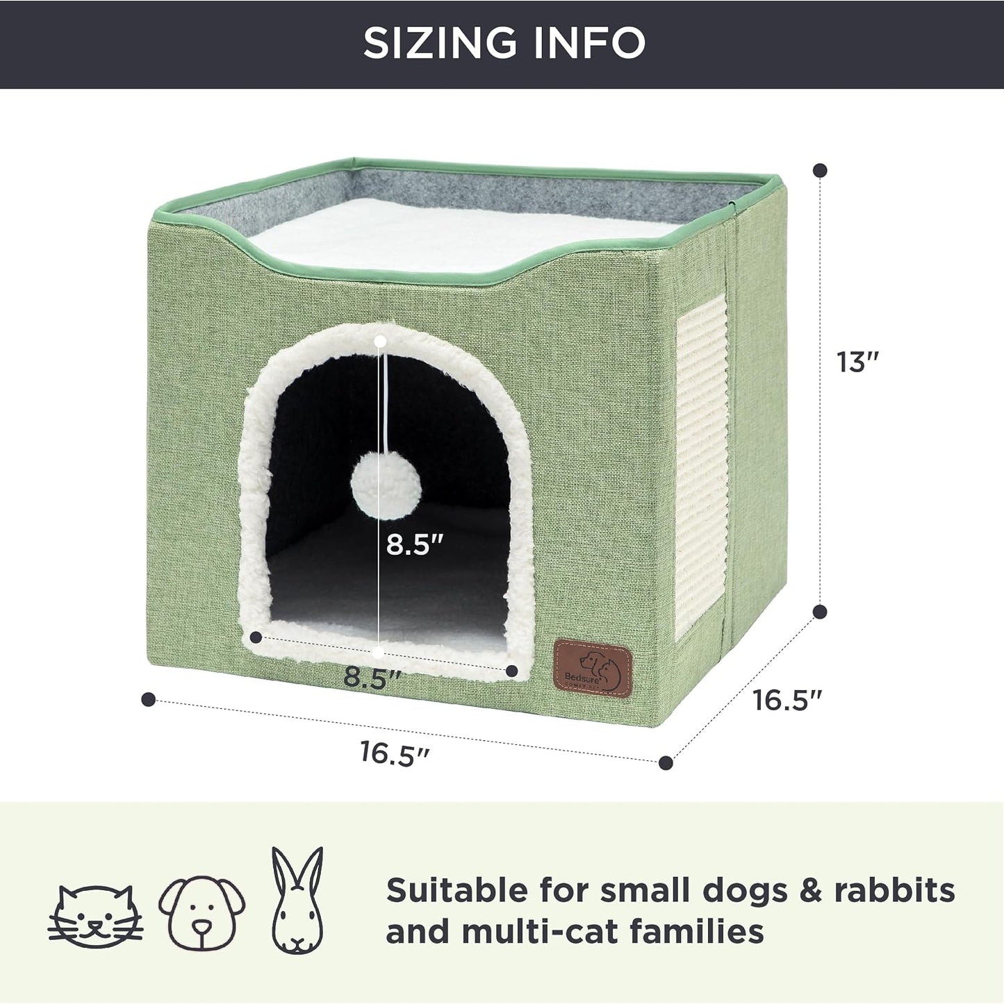 Premium Foldable Cat Cave Bed – Cozy Indoor Cat House with Built-In Scratch Pad & Interactive Plush Ball, Spacious Hideaway for Cats & Kittens, Large, Green