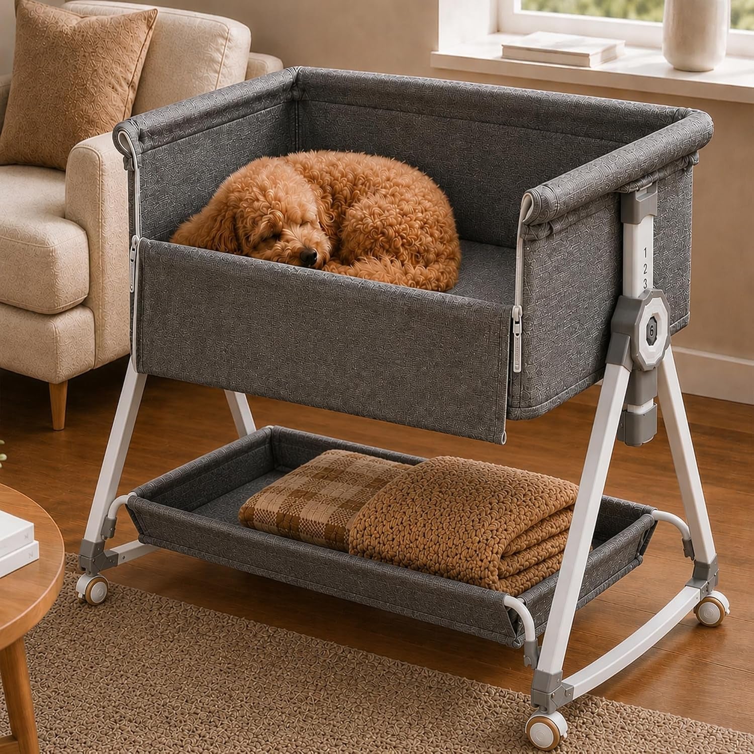 Premium Adjustable Bedside Dog Bed – Elevated Pet Co-Sleeper with Height-Adjustable Frame, Comfortable Bed Extension for Small & Medium Dogs, Fits Beside Human Bed, 34.5" x 20"