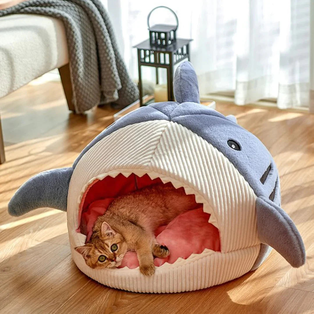 Luxury Plush Shark Pet Bed – Soft Cozy Enclosed Cat & Small Dog Bed, Warm Shark Cave House with Removable Cushion, Cute Sleeping Nest