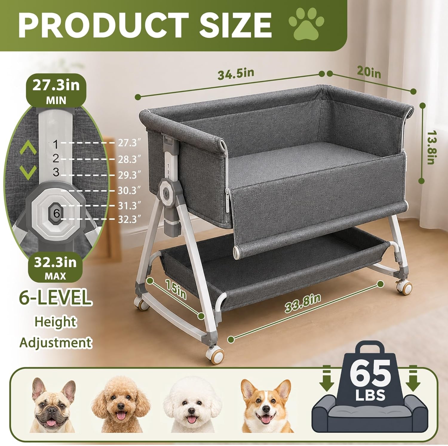 Premium Adjustable Bedside Dog Bed – Elevated Pet Co-Sleeper with Height-Adjustable Frame, Comfortable Bed Extension for Small & Medium Dogs, Fits Beside Human Bed, 34.5" x 20"