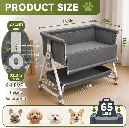 Premium Adjustable Bedside Dog Bed – Elevated Pet Co-Sleeper with Height-Adjustable Frame, Comfortable Bed Extension for Small & Medium Dogs, Fits Beside Human Bed, 34.5" x 20"