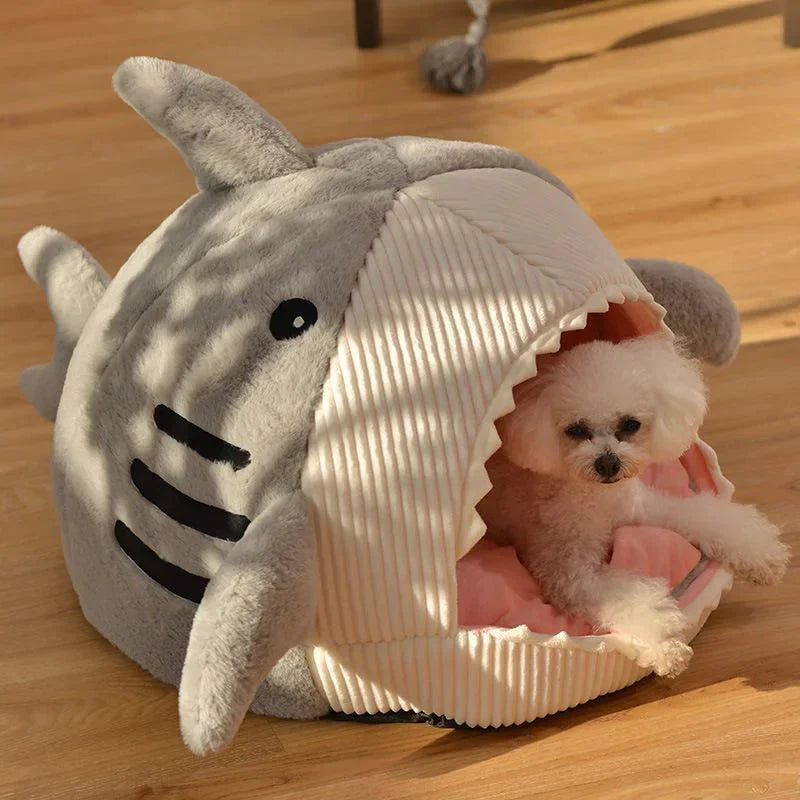 Luxury Plush Shark Pet Bed – Soft Cozy Enclosed Cat & Small Dog Bed, Warm Shark Cave House with Removable Cushion, Cute Sleeping Nest