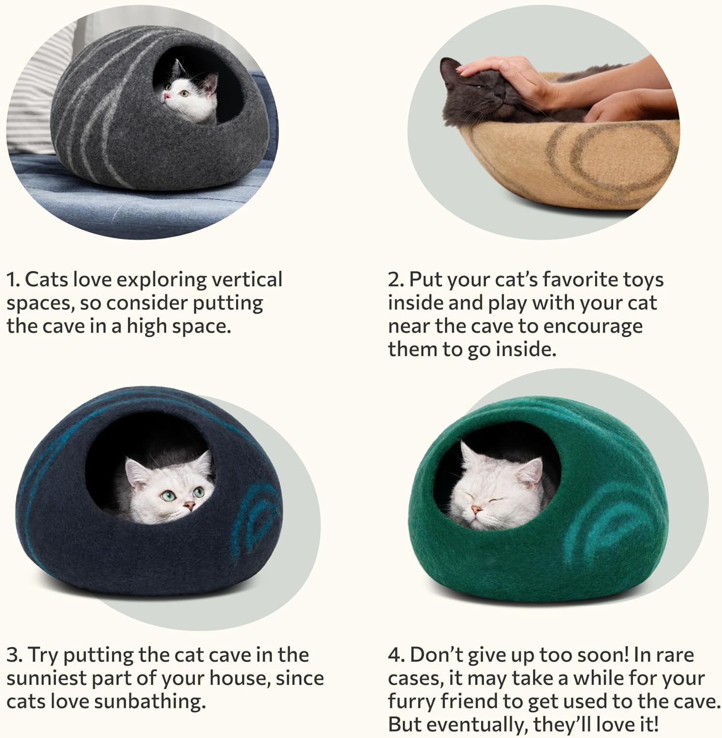 Premium Felt Cat Cave Bed for Indoor Cats – Handmade Merino Wool Cat House, Cozy Enclosed Sleeping Pod, Soft Breathable Pet Bed, Large, Light Gray