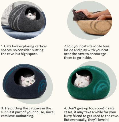 Premium Felt Cat Cave Bed for Indoor Cats – Handmade Merino Wool Cat House, Cozy Enclosed Sleeping Pod, Soft Breathable Pet Bed, Large, Light Gray