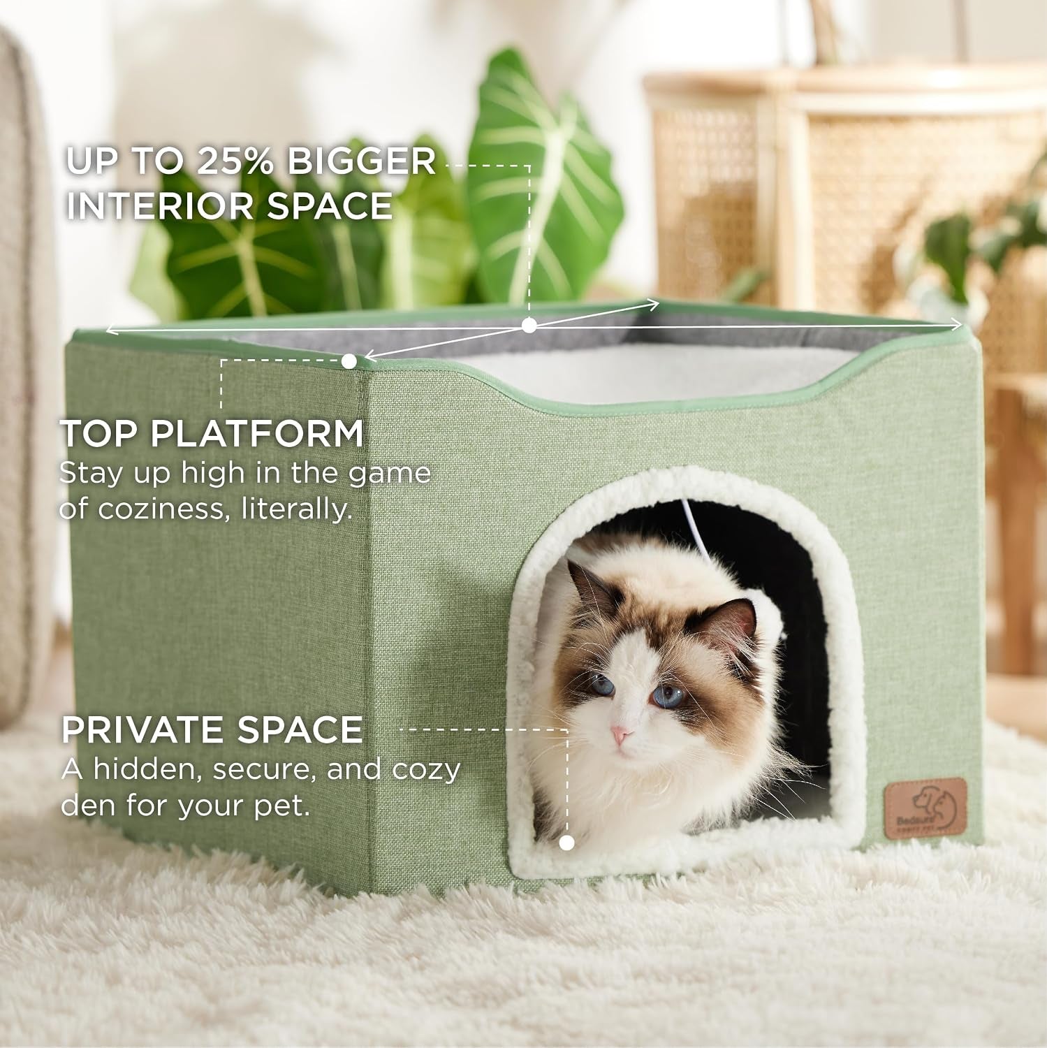 Premium Foldable Cat Cave Bed – Cozy Indoor Cat House with Built-In Scratch Pad & Interactive Plush Ball, Spacious Hideaway for Cats & Kittens, Large, Green