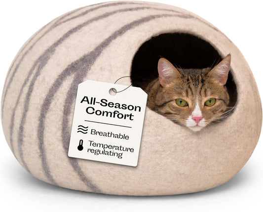 Premium Felt Cat Cave Bed for Indoor Cats – Handmade Merino Wool Cat House, Cozy Enclosed Sleeping Pod, Soft Breathable Pet Bed, Large, Light Gray