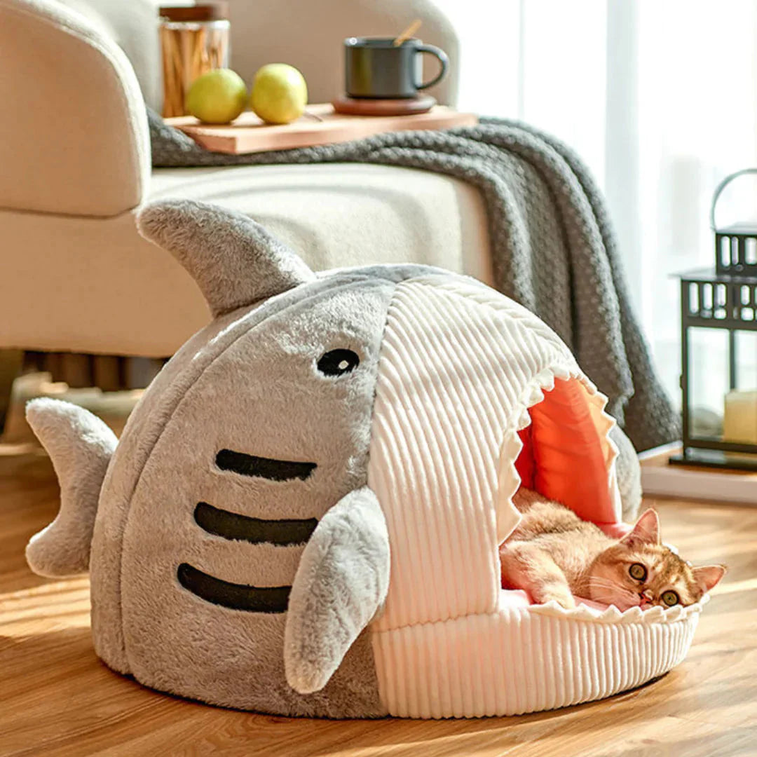 Luxury Plush Shark Pet Bed – Soft Cozy Enclosed Cat & Small Dog Bed, Warm Shark Cave House with Removable Cushion, Cute Sleeping Nest