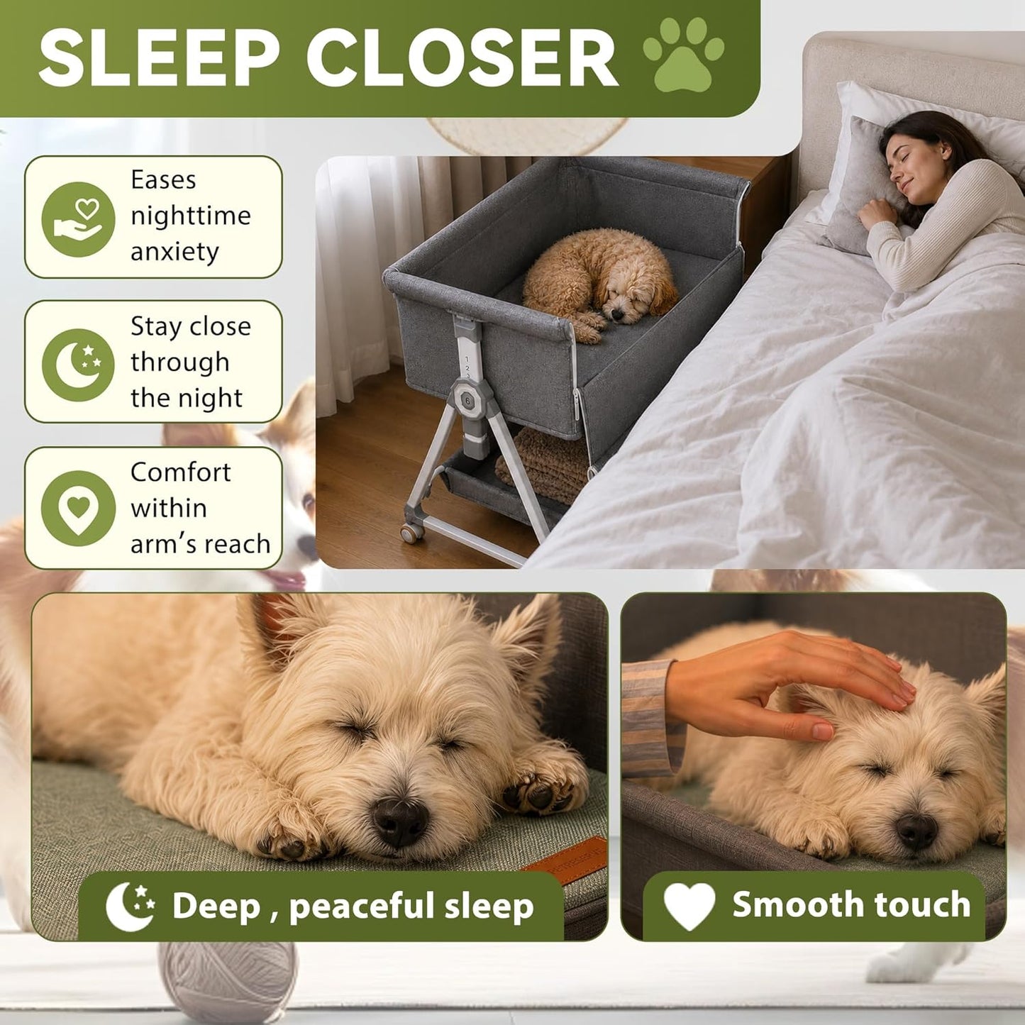 Premium Adjustable Bedside Dog Bed – Elevated Pet Co-Sleeper with Height-Adjustable Frame, Comfortable Bed Extension for Small & Medium Dogs, Fits Beside Human Bed, 34.5" x 20"