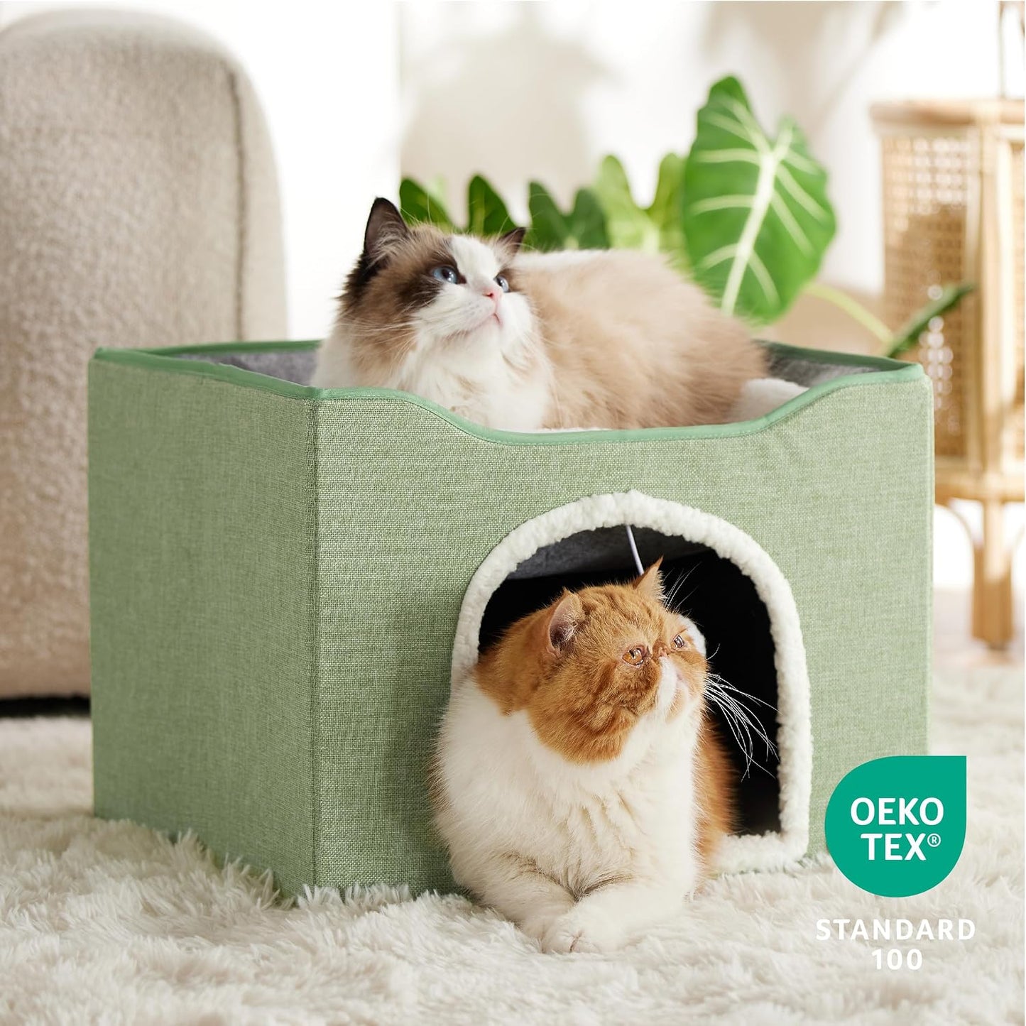 Premium Foldable Cat Cave Bed – Cozy Indoor Cat House with Built-In Scratch Pad & Interactive Plush Ball, Spacious Hideaway for Cats & Kittens, Large, Green