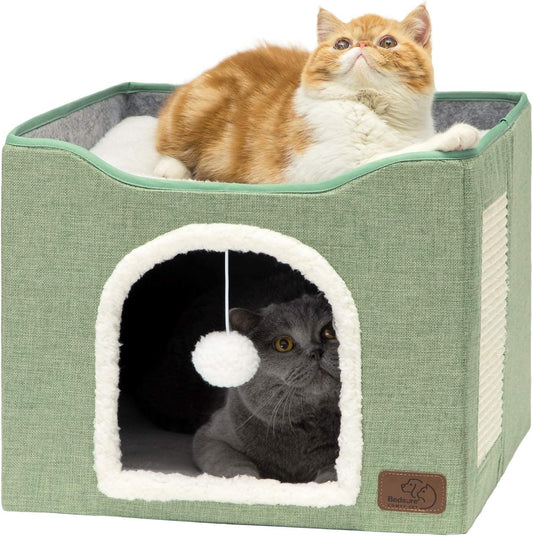 Premium Foldable Cat Cave Bed – Cozy Indoor Cat House with Built-In Scratch Pad & Interactive Plush Ball, Spacious Hideaway for Cats & Kittens, Large, Green