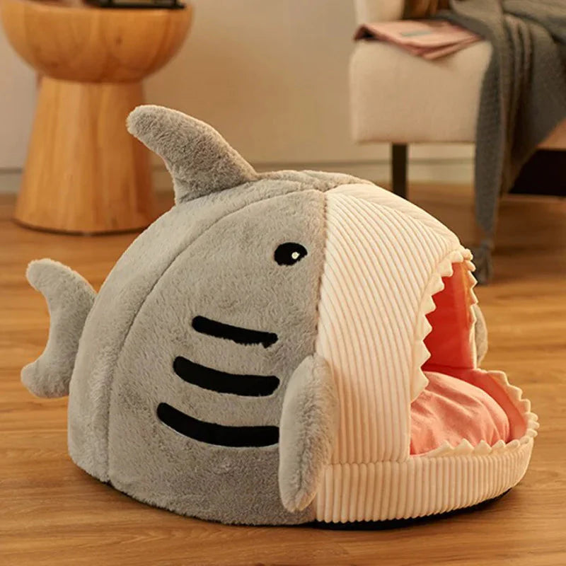 Luxury Plush Shark Pet Bed – Soft Cozy Enclosed Cat & Small Dog Bed, Warm Shark Cave House with Removable Cushion, Cute Sleeping Nest